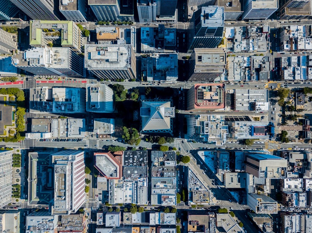 Aerial drone view of high-rise commercial buildings